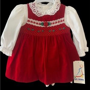 Vintage Red velvet Smocked dress w/ laced collar shirt
